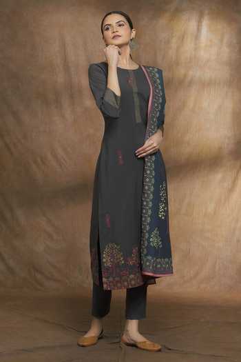 Buy_Khwaab By Sanjana Lakhani_Grey Printed Straight Kurta Set _Online_at_Aza_Fashions