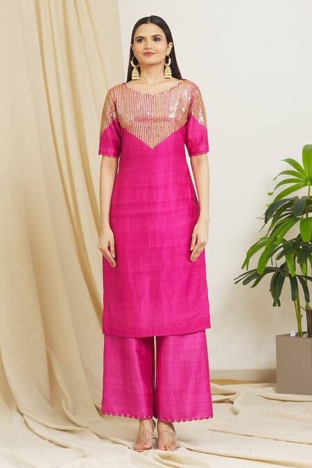 Surendri Pink Raw Silk, Chanderi Floral, Sequins V Neck Embellished Kurta Palazzo Set at Aza Fashions Surendri_Pink Raw Silk, Chanderi Floral, Sequins V Neck Embellished Kurta Palazzo Set_at_Aza_Fashions