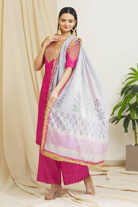 Surendri Pink Raw Silk, Chanderi Floral, Sequins V Neck Embellished Kurta Palazzo Set Online at Aza Fashions Surendri_Pink Raw Silk, Chanderi Floral, Sequins V Neck Embellished Kurta Palazzo Set_Online_at_Aza_Fashions