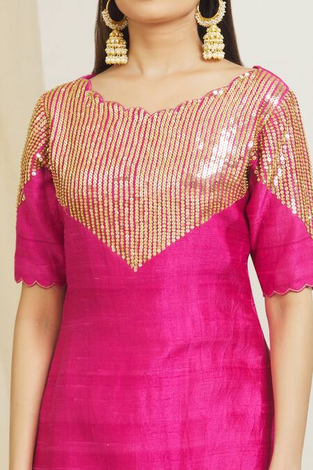 Buy Surendri Pink Raw Silk, Chanderi Floral, Sequins V Neck Embellished Kurta Palazzo Set Online at Aza Fashions Buy_Surendri_Pink Raw Silk, Chanderi Floral, Sequins V Neck Embellished Kurta Palazzo Set_Online_at_Aza_Fashions