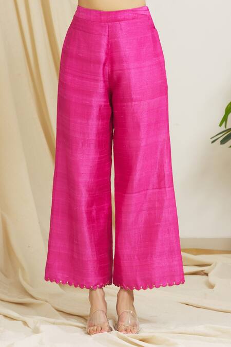 Shop Surendri Pink Raw Silk, Chanderi Floral, Sequins V Neck Embellished Kurta Palazzo Set Online at Aza Fashions Shop_Surendri_Pink Raw Silk, Chanderi Floral, Sequins V Neck Embellished Kurta Palazzo Set_Online_at_Aza_Fashions