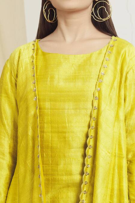 Buy_Surendri_Green Raw Silk Hand Embroidery Sequins Round Scallop Trimmed Jacket Pant Set_Online_at_Aza_Fashions