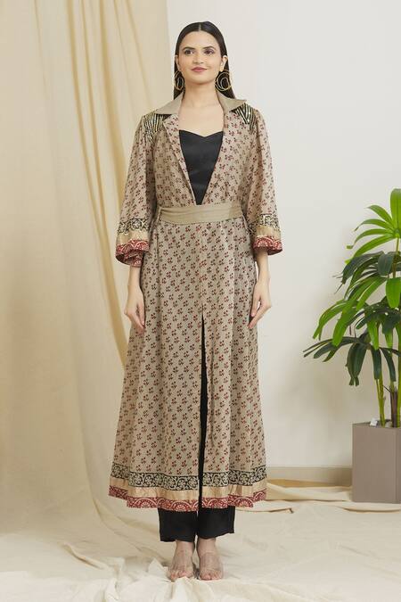 Surendri_Beige Kotadoria Floral Jacket Front Open, Tube Top Printed With Pant Set_Online_at_Aza_Fashions