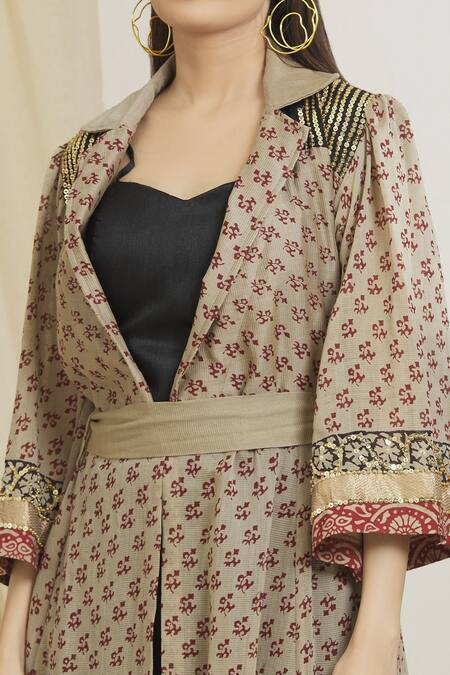 Buy_Surendri_Beige Kotadoria Floral Jacket Front Open, Tube Top Printed With Pant Set_Online_at_Aza_Fashions