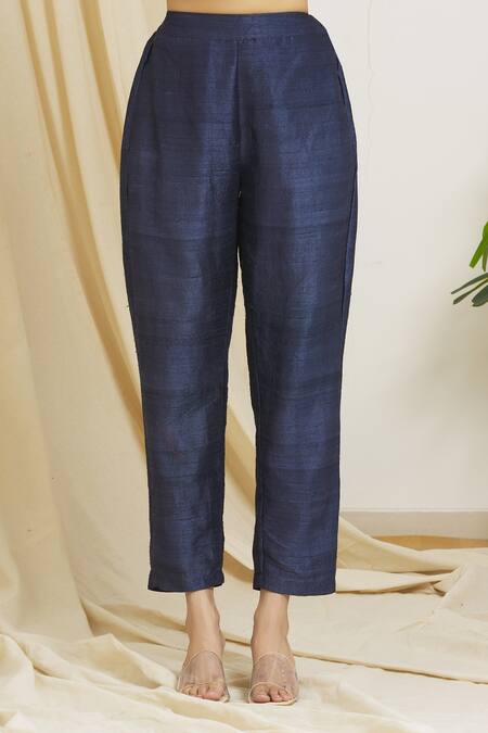 Surendri_Blue Raw Silk Print Sequins Scallop Trimmed Mandala Pattern Jacket Pant Set_Online_at_Aza_Fashions