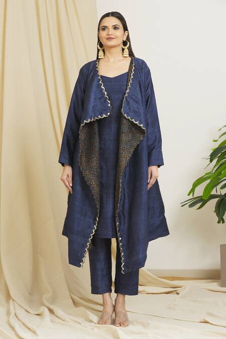 Buy_Surendri_Blue Raw Silk Print Sequins Scallop Trimmed Mandala Pattern Jacket Pant Set_Online_at_Aza_Fashions