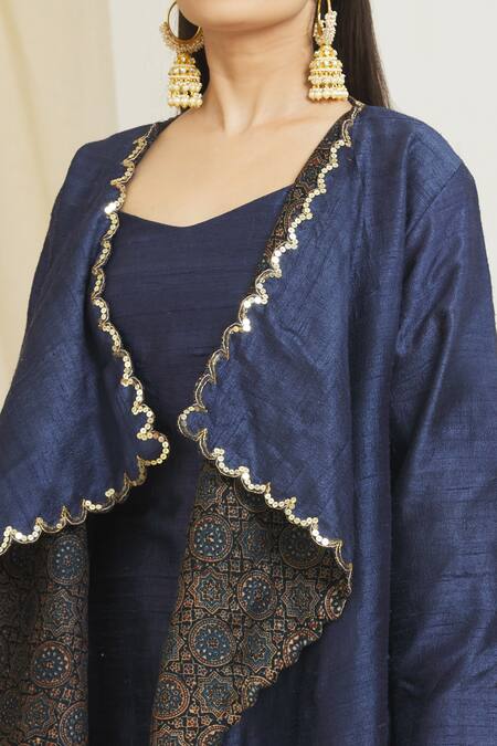 Shop_Surendri_Blue Raw Silk Print Sequins Scallop Trimmed Mandala Pattern Jacket Pant Set_Online_at_Aza_Fashions