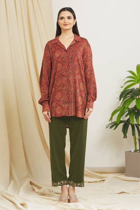 Surendri_Red Chanderi, Banana Crepe Floral, Ajrak Spread Collar Print Shirt And Pant Set_Online_at_Aza_Fashions