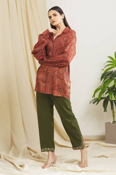 Buy_Surendri_Red Chanderi, Banana Crepe Floral, Ajrak Spread Collar Print Shirt And Pant Set_Online_at_Aza_Fashions