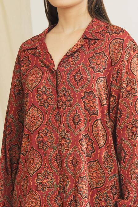 Shop_Surendri_Red Chanderi, Banana Crepe Floral, Ajrak Spread Collar Print Shirt And Pant Set_Online_at_Aza_Fashions