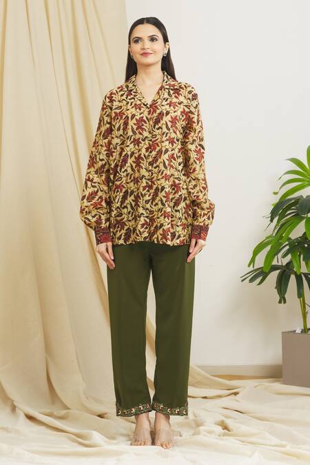 Surendri_Yellow Chanderi, Banana Crepe Floral, Ajrak Spread Print Shirt And Pant Set_Online_at_Aza_Fashions