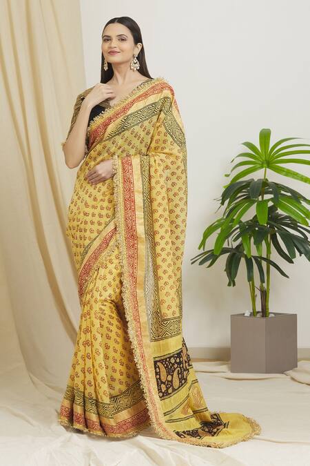 Buy Surendri Yellow Kotadoria Printed Floral V Neck Saree With Blouse Online at Aza Fashions Buy_Surendri_Yellow Kotadoria Printed Floral V Neck Saree With Blouse_Online_at_Aza_Fashions