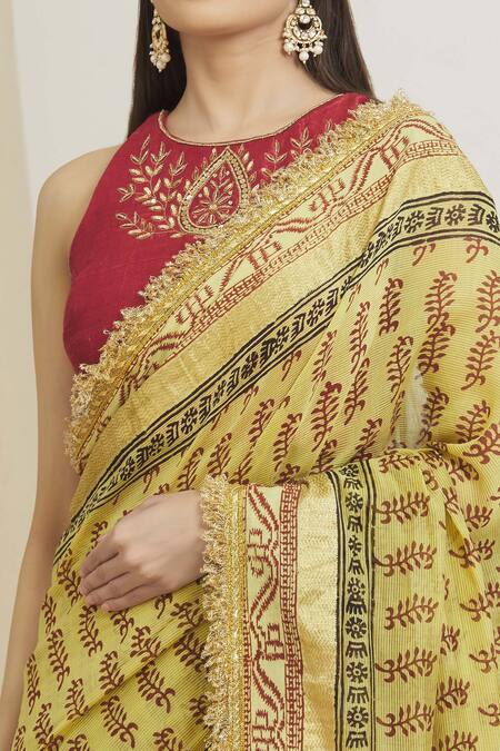 Shop_Surendri_Green Raw Silk, Kotadoria Floral Round Saree With Embroidered Blouse_Online_at_Aza_Fashions