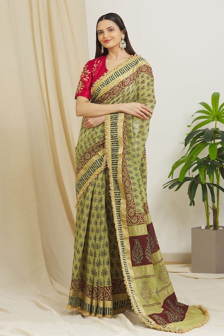 Buy_Surendri_Green Raw Silk, Kotadoria Floral Round Lace Border Saree With Blouse_Online_at_Aza_Fashions