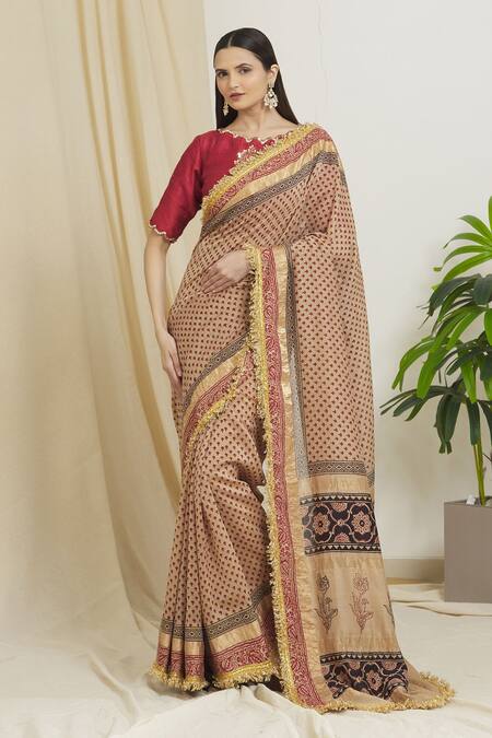Buy_Surendri_Beige Raw Silk, Kotadoria Floral Round Block Print Saree With Blouse_Online_at_Aza_Fashions