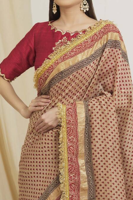 Shop_Surendri_Beige Raw Silk, Kotadoria Floral Round Block Print Saree With Blouse_Online_at_Aza_Fashions