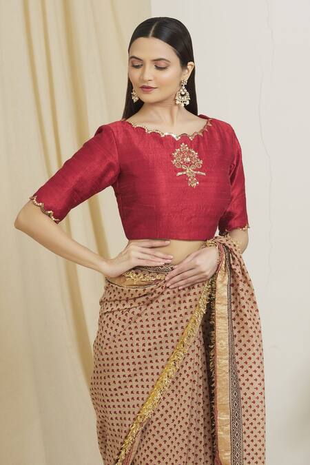 Surendri_Beige Raw Silk, Kotadoria Floral Round Block Print Saree With Blouse_at_Aza_Fashions