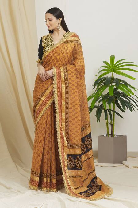 Buy Surendri Orange Raw Silk, Kotadoria Floral V Neck Hand Block Print Saree With Blouse Online at Aza Fashions Buy_Surendri_Orange Raw Silk, Kotadoria Floral V Neck Hand Block Print Saree With Blouse_Online_at_Aza_Fashions