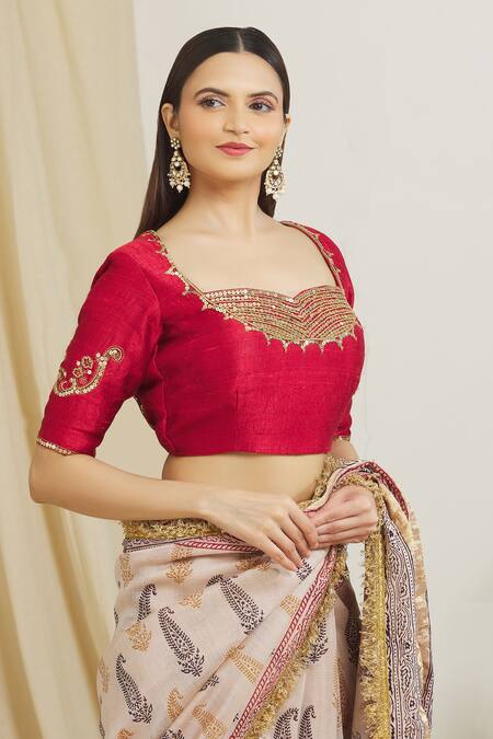 Surendri_Ivory Raw Silk, Kotadoria Floral Sweetheart Saree With Back Tassel Tie-up Blouse_at_Aza_Fashions