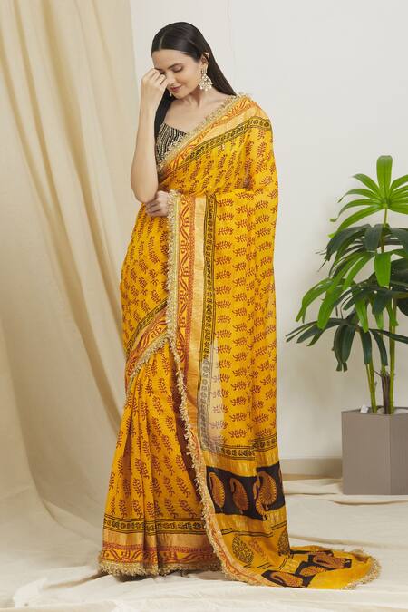Buy_Surendri_Orange Raw Silk, Kotadoria Floral Plunge V Woven Saree With Embroidered Blouse_Online_at_Aza_Fashions