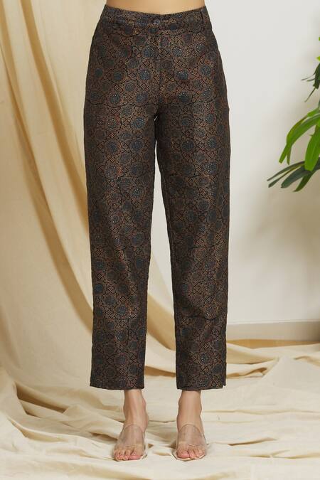 Surendri_Black Chanderi Floral Mandala Lapel Collar Print Jacket Pant Set_at_Aza_Fashions