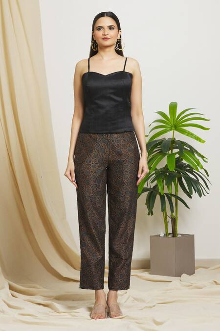 Surendri_Black Chanderi Floral Mandala Lapel Collar Print Jacket Pant Set_Online_at_Aza_Fashions