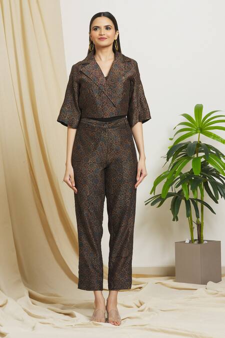 Buy_Surendri_Black Chanderi Floral Mandala Lapel Collar Print Jacket Pant Set_Online_at_Aza_Fashions