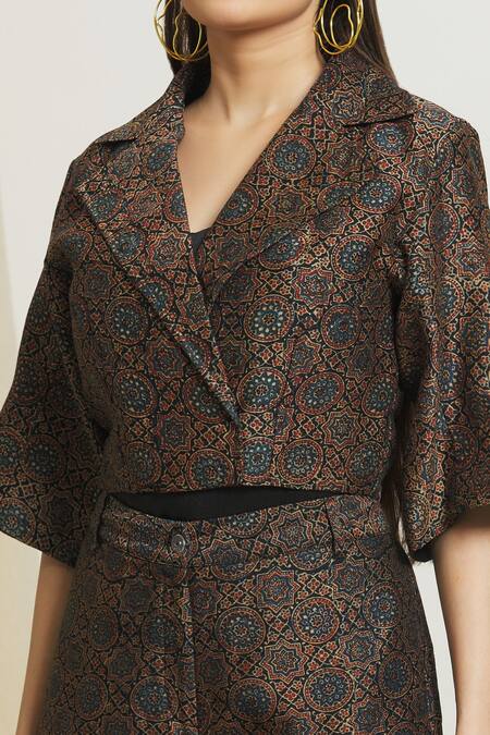 Shop_Surendri_Black Chanderi Floral Mandala Lapel Collar Print Jacket Pant Set_Online_at_Aza_Fashions