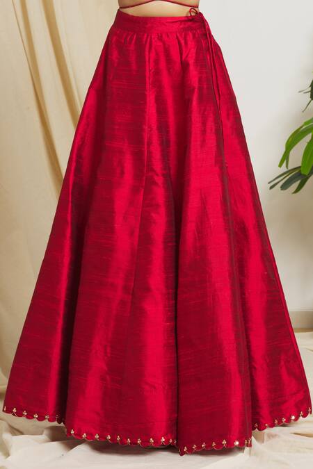 Surendri_Red Raw Silk, Organza Floral, And Flower Embellished Blouse And Lehenga Set_at_Aza_Fashions