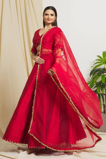 Buy_Surendri_Red Raw Silk, Organza Floral, And Flower Embellished Blouse And Lehenga Set_Online_at_Aza_Fashions