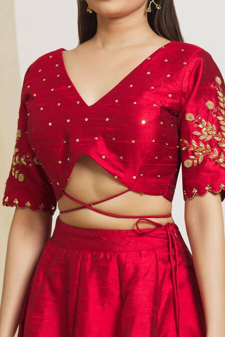 Shop_Surendri_Red Raw Silk, Organza Floral, And Flower Embellished Blouse And Lehenga Set_Online_at_Aza_Fashions