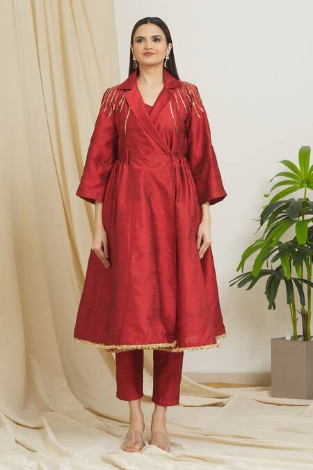 Surendri_Red Raw Silk Embellished Sequins Lapel Collar Long Jacket Pant Set_at_Aza_Fashions