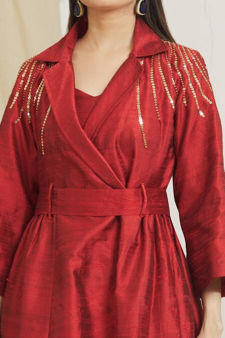 Surendri_Red Raw Silk Embellished Sequins Lapel Collar Long Jacket Pant Set_Online_at_Aza_Fashions