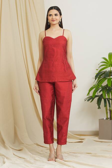 Buy_Surendri_Red Raw Silk Embellished Sequins Lapel Collar Long Jacket Pant Set_Online_at_Aza_Fashions