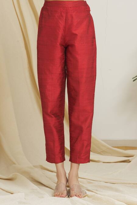 Shop_Surendri_Red Raw Silk Embellished Sequins Lapel Collar Long Jacket Pant Set_Online_at_Aza_Fashions