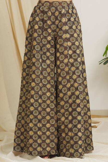 Surendri_Black Chanderi Print Kalamkari Gota Patti Embroidered Kaftan And Palazzo Pant Set_at_Aza_Fashions