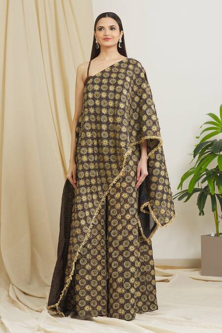Buy_Surendri_Black Chanderi Print Kalamkari Gota Patti Embroidered Kaftan And Palazzo Pant Set_Online_at_Aza_Fashions