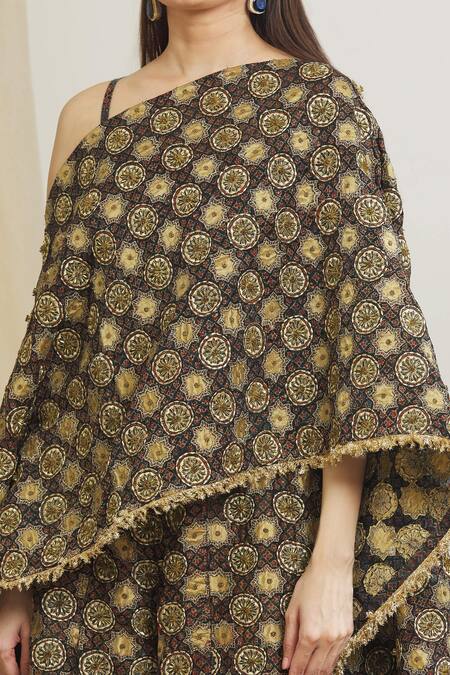 Shop_Surendri_Black Chanderi Print Kalamkari Gota Patti Embroidered Kaftan And Palazzo Pant Set_Online_at_Aza_Fashions