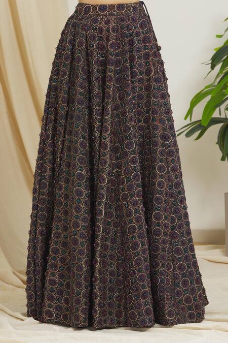 Surendri Black Chanderi Print Ajrak V Neck Pattern Beads Embellished Lehenga Set at Aza Fashions Surendri_Black Chanderi Print Ajrak V Neck Pattern Beads Embellished Lehenga Set_at_Aza_Fashions