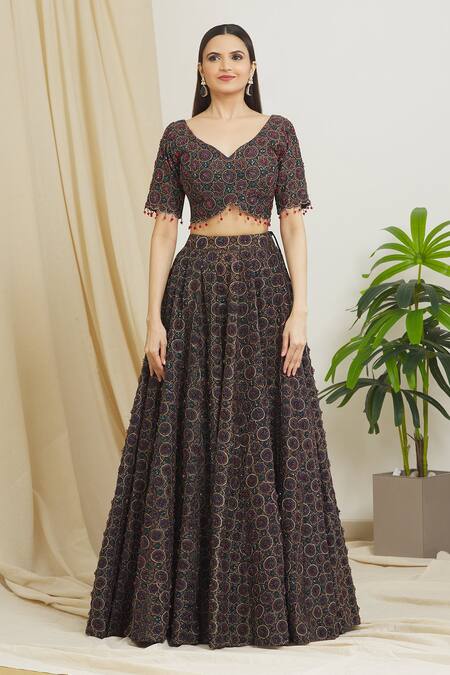 Surendri Black Chanderi Print Ajrak V Neck Pattern Beads Embellished Lehenga Set Online at Aza Fashions Surendri_Black Chanderi Print Ajrak V Neck Pattern Beads Embellished Lehenga Set_Online_at_Aza_Fashions