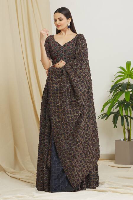Buy Surendri Black Chanderi Print Ajrak V Neck Pattern Beads Embellished Lehenga Set Online at Aza Fashions Buy_Surendri_Black Chanderi Print Ajrak V Neck Pattern Beads Embellished Lehenga Set_Online_at_Aza_Fashions