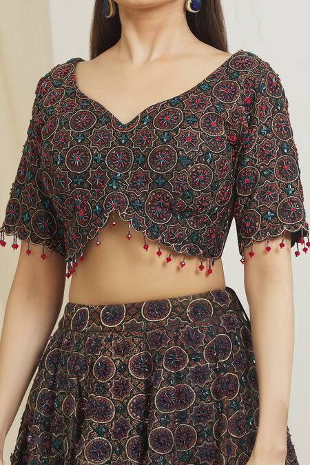 Shop Surendri Black Chanderi Print Ajrak V Neck Pattern Beads Embellished Lehenga Set Online at Aza Fashions Shop_Surendri_Black Chanderi Print Ajrak V Neck Pattern Beads Embellished Lehenga Set_Online_at_Aza_Fashions