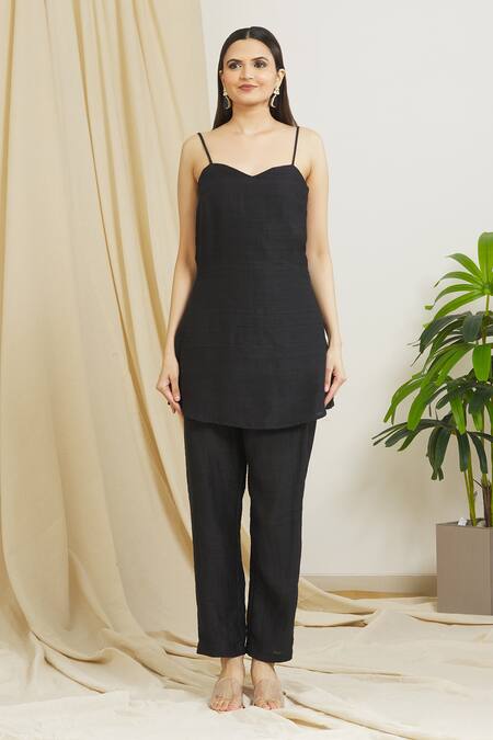 Surendri_Black Raw Silk Embellished Sequins Lapel Collar Kimono Jacket And Pant Set_at_Aza_Fashions