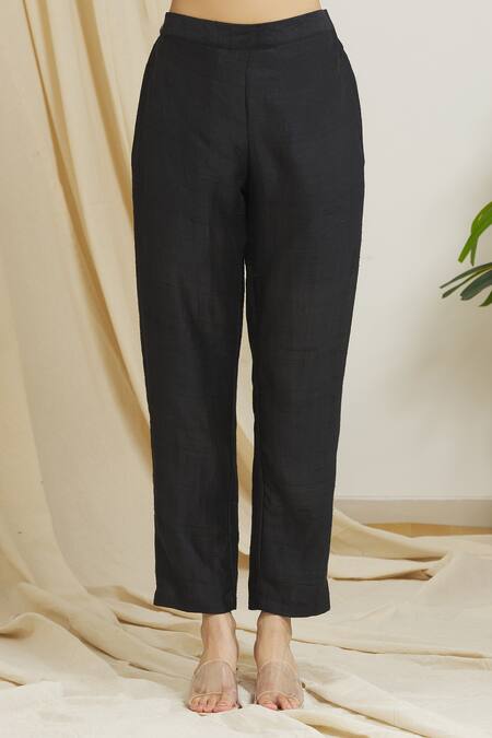 Surendri_Black Raw Silk Embellished Sequins Lapel Collar Kimono Jacket And Pant Set_Online_at_Aza_Fashions