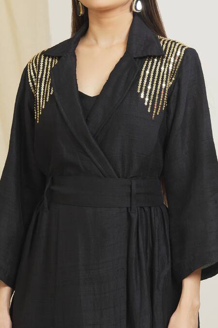 Shop_Surendri_Black Raw Silk Embellished Sequins Lapel Collar Kimono Jacket And Pant Set_Online_at_Aza_Fashions