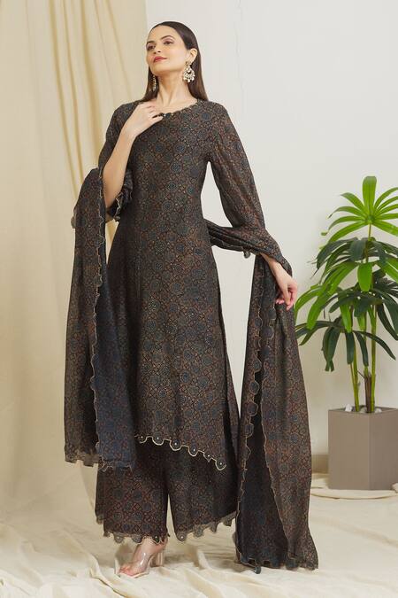 Shop_Surendri_Black Chanderi Floral Round Cotton Printed Kurta Set_Online_at_Aza_Fashions