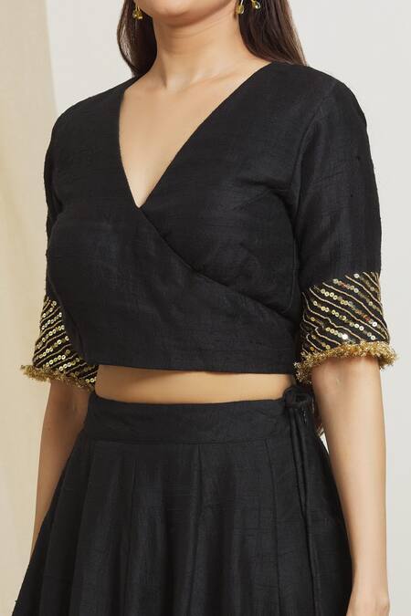 Shop_Surendri_Black Raw Silk Hand Embroidery Sequins V Neck Lehenga Set_Online_at_Aza_Fashions