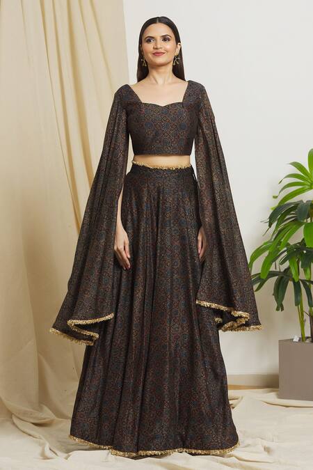 Surendri_Black Chanderi Printed Floral Plunge V Neck Lehenga With Blouse_Online_at_Aza_Fashions