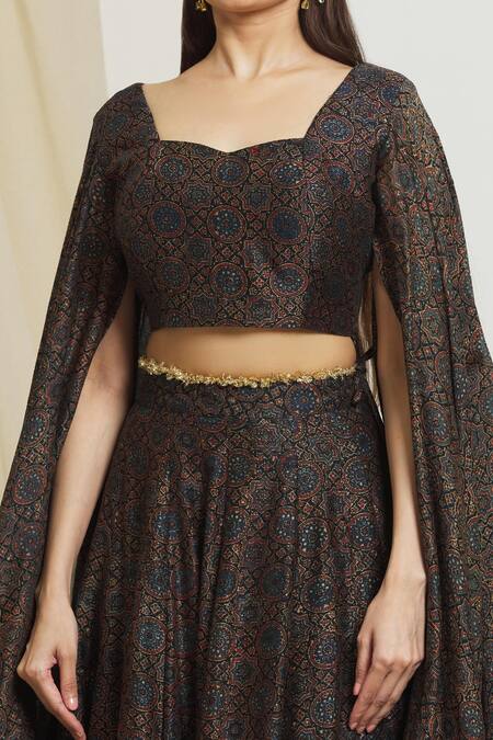 Shop_Surendri_Black Chanderi Printed Floral Plunge V Neck Lehenga With Blouse_Online_at_Aza_Fashions