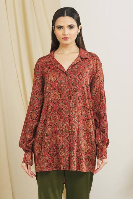 Surendri_Red Chanderi Floral Shirt Collar Print_at_Aza_Fashions